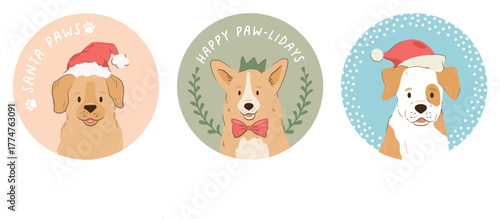 Cute Christmas Dogs with festive slogans, fun, novelty designs