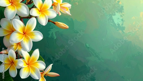 Beautiful frangipani flowers, located on the left side of the frame. Great for background.