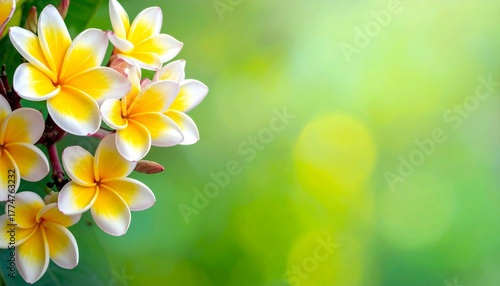 Beautiful frangipani flowers, located on the left side of the frame. Great for background.