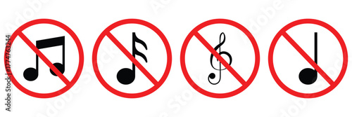 No Music Allowed Sign Vector Icon – Sound Prohibition, Noise Restriction, and Audio 
Ban Symbol Isolated on White Background