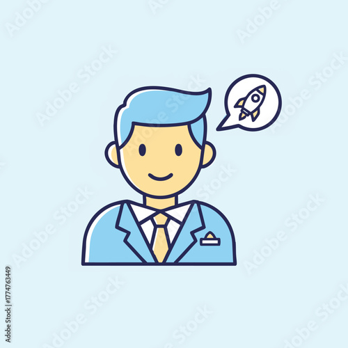 Entrepreneurial professional with a brilliant new idea symbolized by a rocket launch in a thought bubble, representing business growth, innovation, and startup success and rapid development