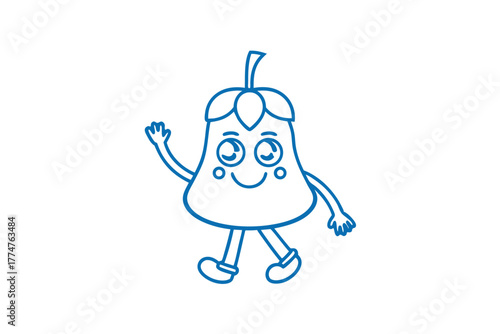 Smiling pear character welcomes with an animated gesture walking happily in blue outline