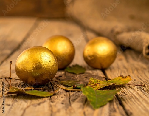 Golden Eggs on Rustic Wood - A Symbol of Wealth and Prosperity.