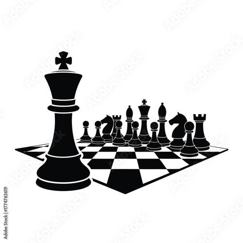Black king stands tall over chessboard and pieces