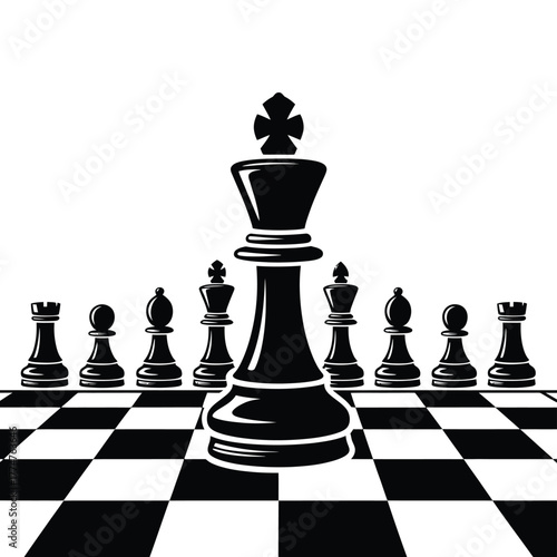 Black king and chess pieces on a chessboard