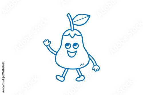 Smiling pear outline cartoon character joyfully walks forward, merrily waving its hand upward in greeting