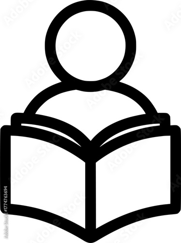 Reading or learning with book and student flat sign, symbol, vector, art