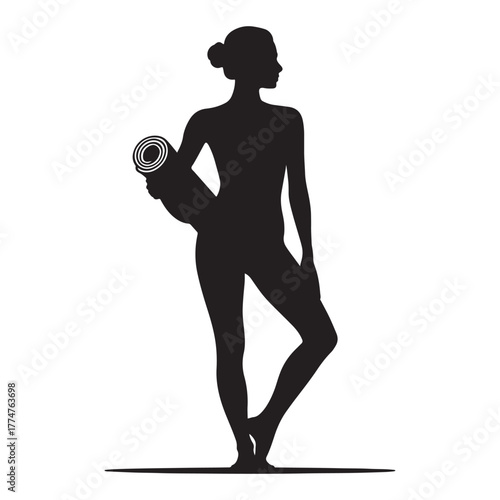Woman Silhouette Standing Holding Rolled Yoga Mat Icon