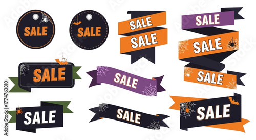 Halloween sale banners and tags featuring spiders, webs, and bats, perfect for seasonal promotions and spooky retail events
