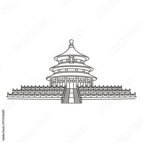 Black and white line drawing of the temple of heaven in beijing