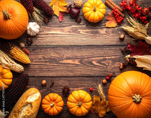 Autumn Harvest Bounty - Pumpkins, Corn, and Thanksgiving Feast.