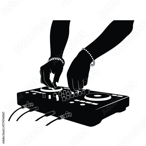 Silhouette of a dj s hands mixing music on a turntable