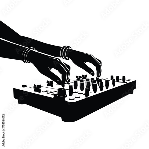 Silhouette of hands djing on a mixing board with white background