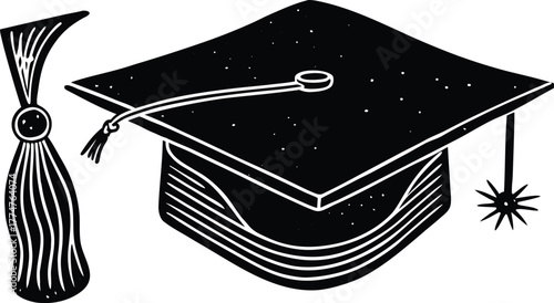 Black and white illustration of a graduation cap and tassel silhouette