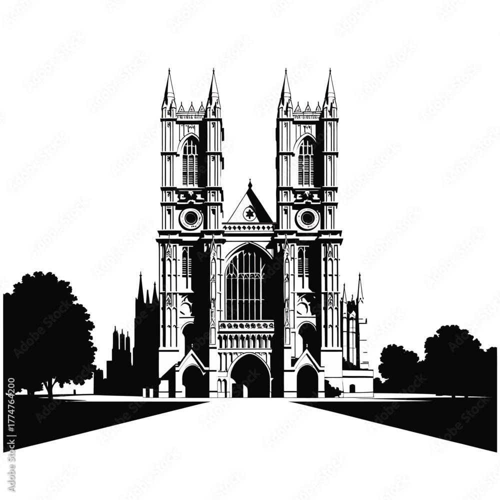 Fototapeta premium Gothic abbey architecture with trees and path in black and white