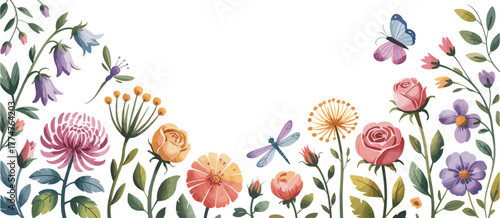Beautiful watercolor floral border with blooming roses, colorful wildflowers, dragonflies and butterflies,