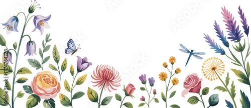 Beautiful watercolor floral border with blooming roses, colorful wildflowers, dragonflies and butterflies,