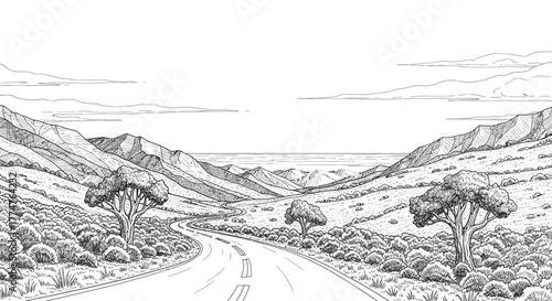 Monochrome drawing of a road winding through a mountainous landscape with sparse vegetation.