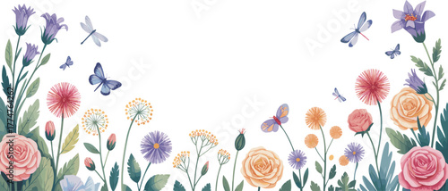 Beautiful watercolor floral border with blooming roses, colorful wildflowers, dragonflies and butterflies,
