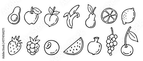 Vector illustration doodle hand drawn food fruit berry strawberry watermelon orange avocado lemon element set black liner pen