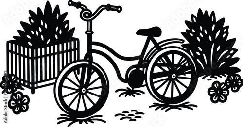 Vintage bicycle parked amongst potted plants and flowers in a charming silhouette