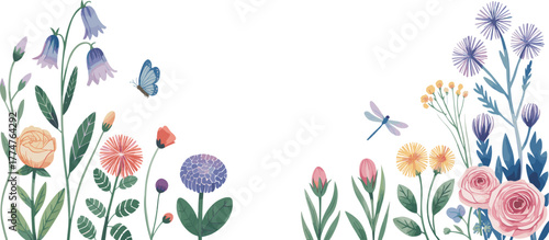 Beautiful watercolor floral border with blooming roses, colorful wildflowers, dragonflies and butterflies,