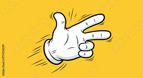 A cartoon hand in a white glove making a finger gun gesture against a vibrant yellow background.