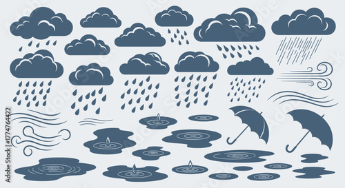 A collection of stylized weather icons depicting clouds, rain, wind, puddles, and umbrellas on a light background.