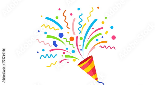 A colorful illustration of a party popper exploding with confetti and streamers, celebrating an event.