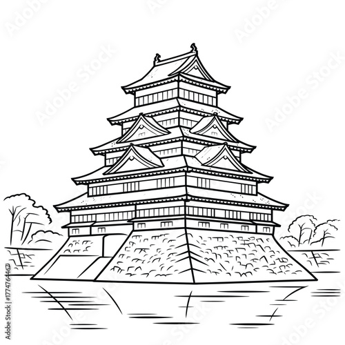 Black and white sketch of a traditional japanese castle surrounded by water