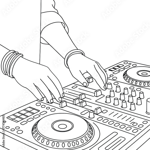 Dj hands mixing music on turntables and mixer