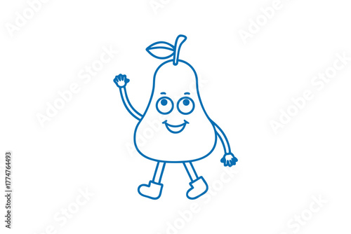 Smiling pear cartoon figure waves happily with simple blue line art on white