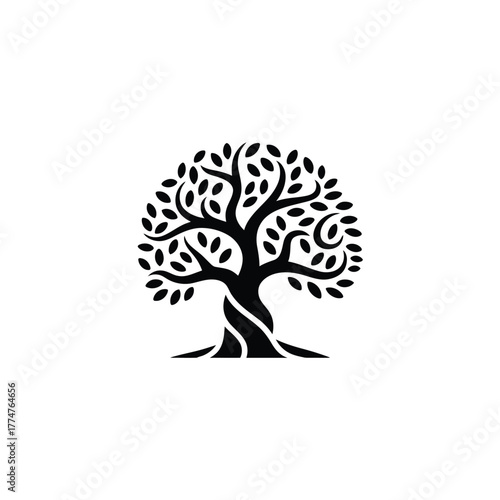 Stylized black silhouette of a majestic tree with lush foliage