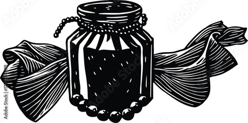 Black and white illustration of a jar filled with berries and a bow silhouette