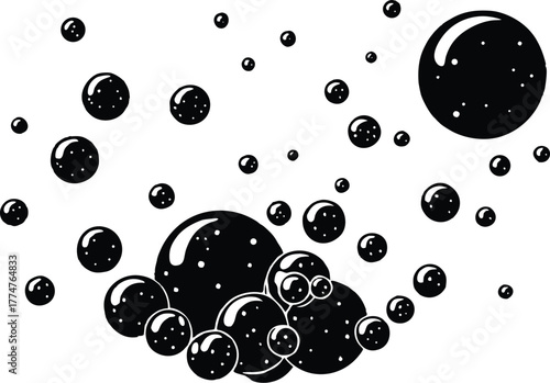 Abstract collection of dark glossy spheres in a dynamic cluster silhouette