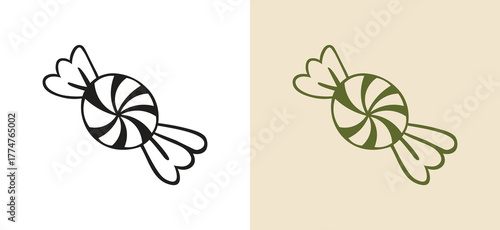 Sweet hand-drawn sketch of a wrapped candy with a swirl pattern, a simple doodle icon for holiday treats, sweets, food and drink themes, bakery design, and seasonal celebration graphics.