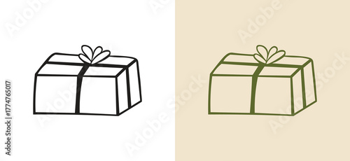 Clean hand-drawn sketch of a classic rectangular gift box tied with a simple bow, versatile doodle icon for any winter holiday, corporate gifting, e-commerce promotion, or seasonal design concept.