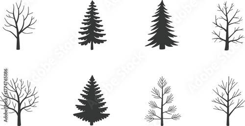 Collection of various black and white tree silhouettes, winter and evergreen trees illustration set, natural forest elements