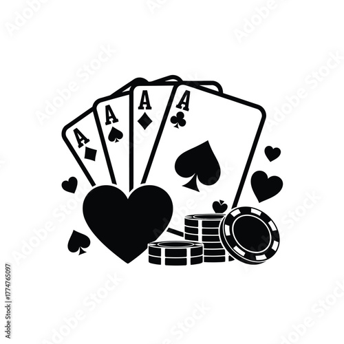 Four aces playing cards and casino chips with hearts