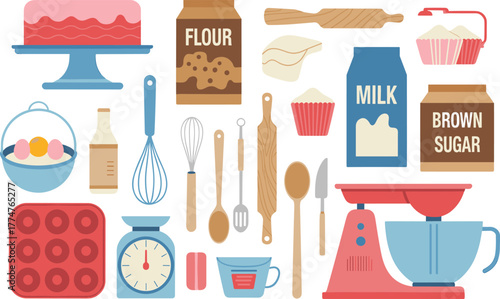 Colorful flat illustration of baking ingredients and kitchen utensils, flour, milk, eggs, sugar, whisk, cake mixer,