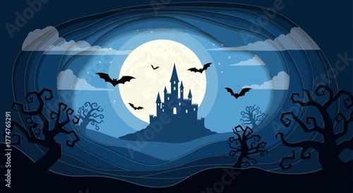 Spooky Halloween castle silhouette with bats flying under a full moon, perfect for holiday-themed designs and projects