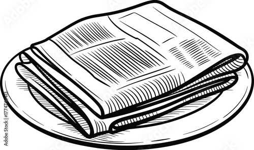 Creative black and white illustration showing folded newspaper on clean white plate, concept art of information consumption and modern media diet