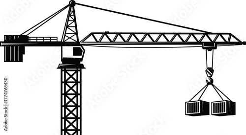 Tower crane silhouette lifting two cargo containers, construction site machinery, industrial equipment, heavy load, urban skyline, engineering structure, building development scene