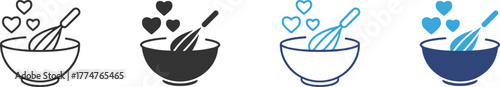 Creative cooking bowl with whisk and hearts icon, love for baking illustration, kitchen utensil design