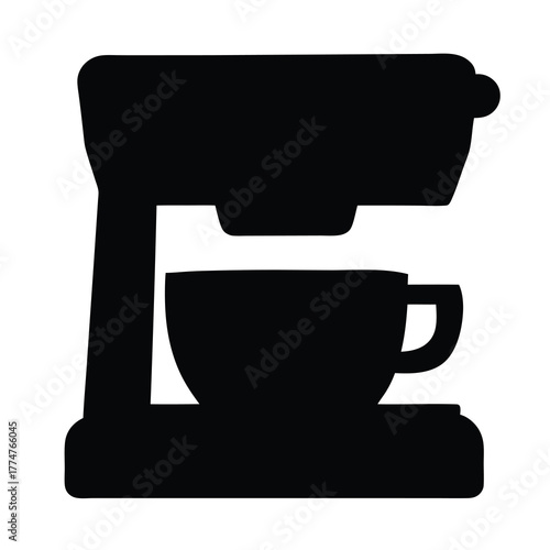 A minimalist black silhouette of a coffee maker with a full cup