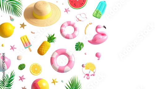 Bright summer collage with various beachy objects on a black background