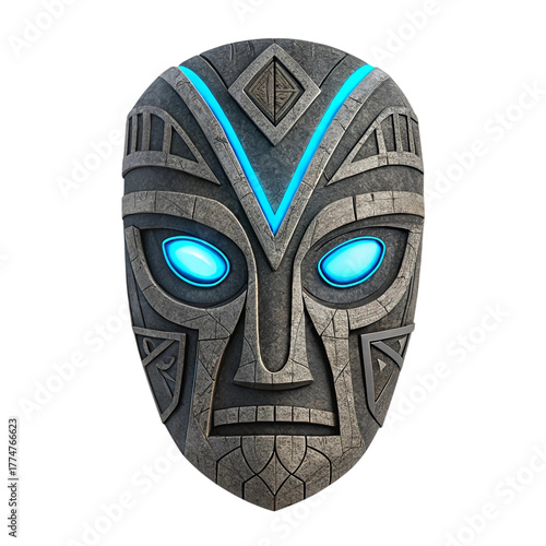 Stone tribal mask with glowing blue eyes and accents