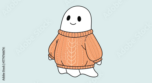 Charming cartoon ghost in cozy orange sweater, perfect for Halloween designs, autumn themes, and fun projects.