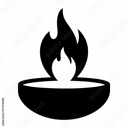 Minimalist Illustration of a Burning Flame Inside a Bowl, Black and White