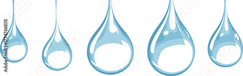 Five shiny blue water droplets hanging against light background, clean fresh liquid concept, purity hydration nature freshness environment conservation